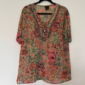 Buckle - BKE (L) Bohemian Chic Sheer Embellished Beaded Bright Floral Beaded Top